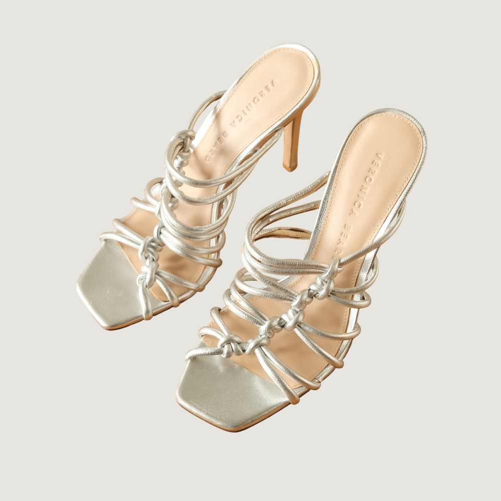 Veronica Beard Avita Sandals Womens Silver Metallic Knotted‎ Stiletto 6M Heels